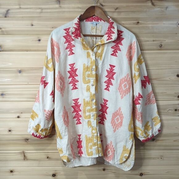 John Mark Top Womens Large Beige Embroidered Button Front Blouse Boho Art - Picture 1 of 12